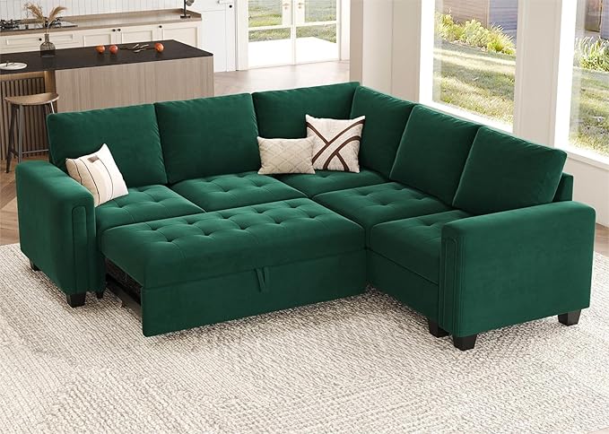 Belffin Modular Sectional Sleeper Sofa with Pull Out Couch Bed Velvet Convertible L Shaped Sectional Couch for Living Room Apartment Green