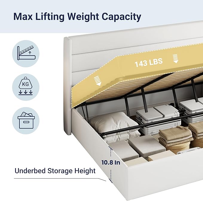 Allewie King Size Velvet Lift Up Storage Bed, Modern Wingback Headboard, Hydraulic Support, No Box Spring Needed, White