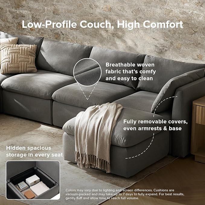 mopio Oversized Modular Sectional Sofa with Fully Removable Covers and Storage, Convertible U, L-Shaped and Sleeper Sectional, Modern Couches with Ottoman Chaise (Stone Gray Fabric, 9 Seats, Sleeper)