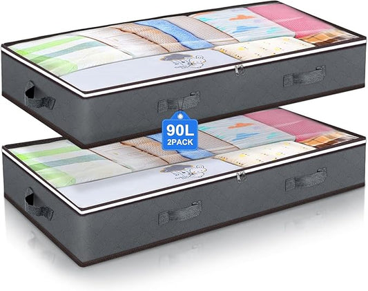 90L Under Bed Storage Containers, Underbed Toy Organizers and Clothing Storage Bags, Closet Storage Bins with Clear Window for Organizing Blanket Comforter Bedding Clothes Bedroom Dorm, 2 Pack