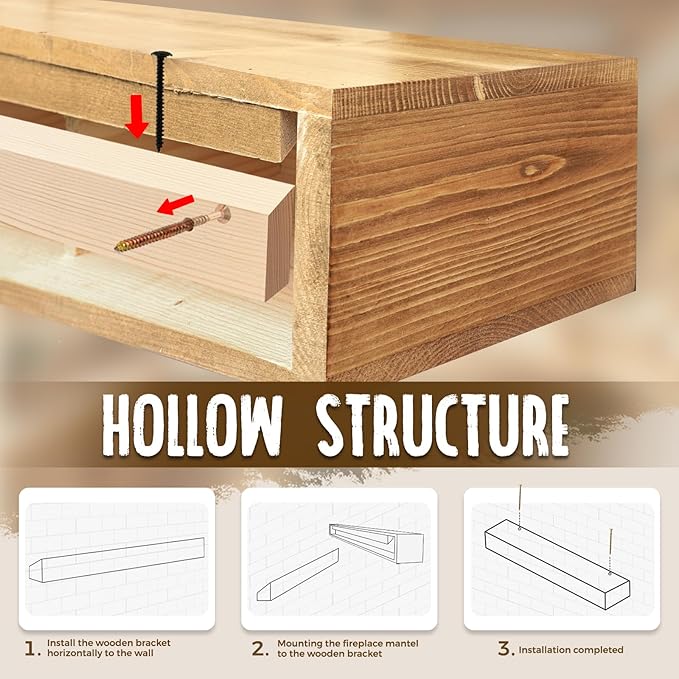60x8x5 Fireplace Mantel - Handcrafted Rustic Solid Wood Wall Mounted Floating Shelf with Invisible Heavy Duty Wood Bracket (Natural)