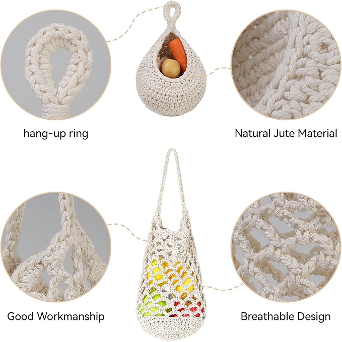 AARAINBOW Boho Wall Hanging Baskets for Kitchen Storage, Fruit Woven Wall Basket 9 Pcs, Hanging Vegetable and Onion Storage with 24 Hooks （White）