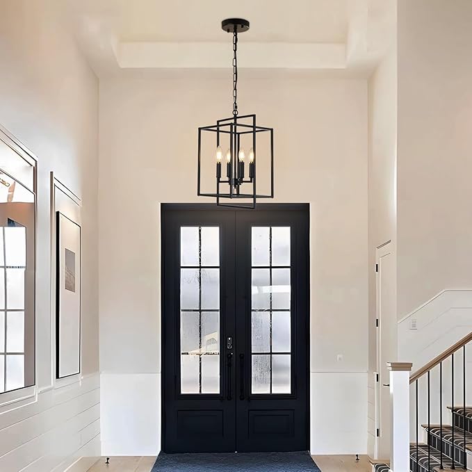 4-Light Vintage Black Chandelier, Foyer Lighting Fixtures Farmhouse Chandeliers for Dining Room, Modern Industrial Lantern Pendant Light for Kitchen Island Entryway Stairway