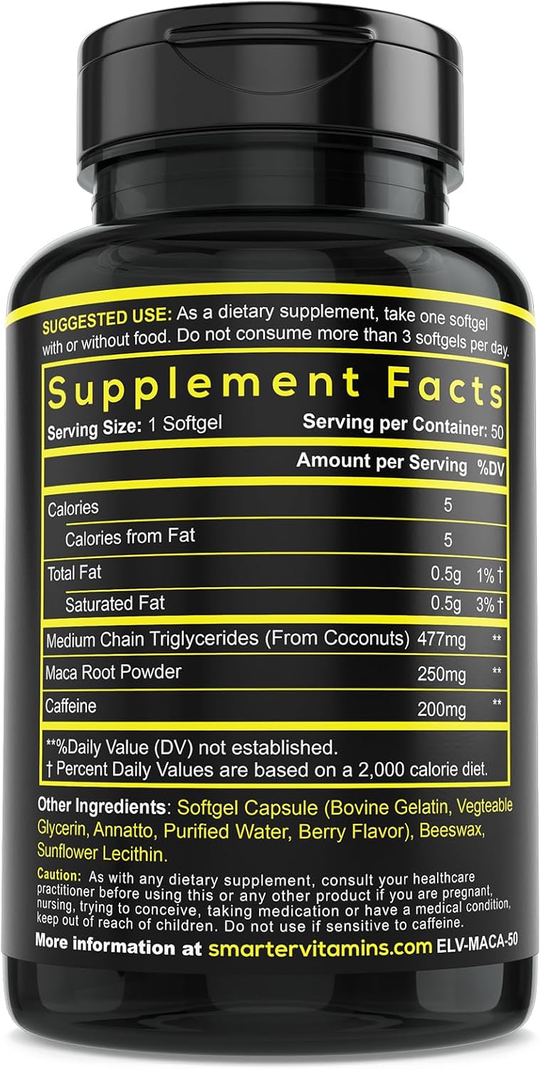 (3 Pack) Smarter Energy Pills, 200mg Caffeine & Coconut MCT Oil with Maca Root, 150 Liquid Softgels