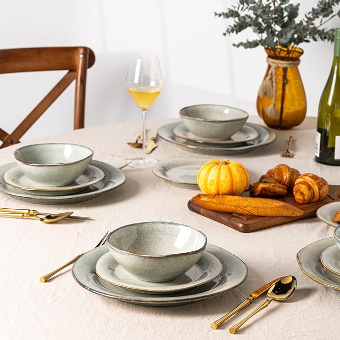AmorArc Ceramic Dinnerware Sets, Handmade Stoneware Reactive Glaze Plates and Bowls Set, Scratch Resistant | Dishwasher & Microwave Safe Dishes Set, Service for 4 (12pc)