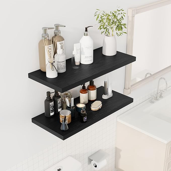 30" Floating Shelves for Wall, 12" Deep Slim Black Floating Shelves, Wall-Mounted Shelves for Bedroom, Living Room, Kitchen, Bathroom - Set of 2