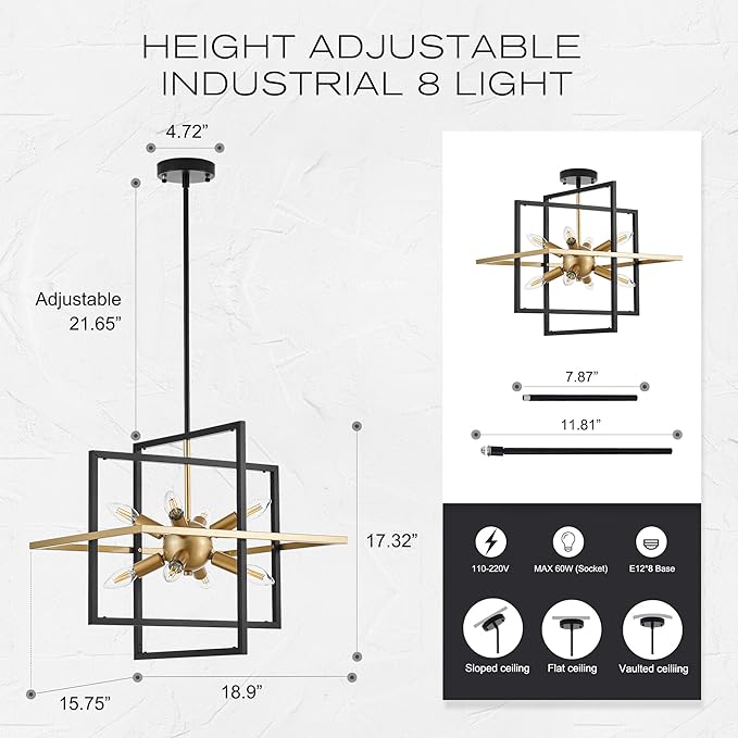 18.9'' Black Gold 8-Light Sputnik Chandelier Modern Industrial Adjustable Hanging Geometric Pendant Light Fixture for Entryway Foyer Stairway Hallway Bedroom Living Room Kitchen Island