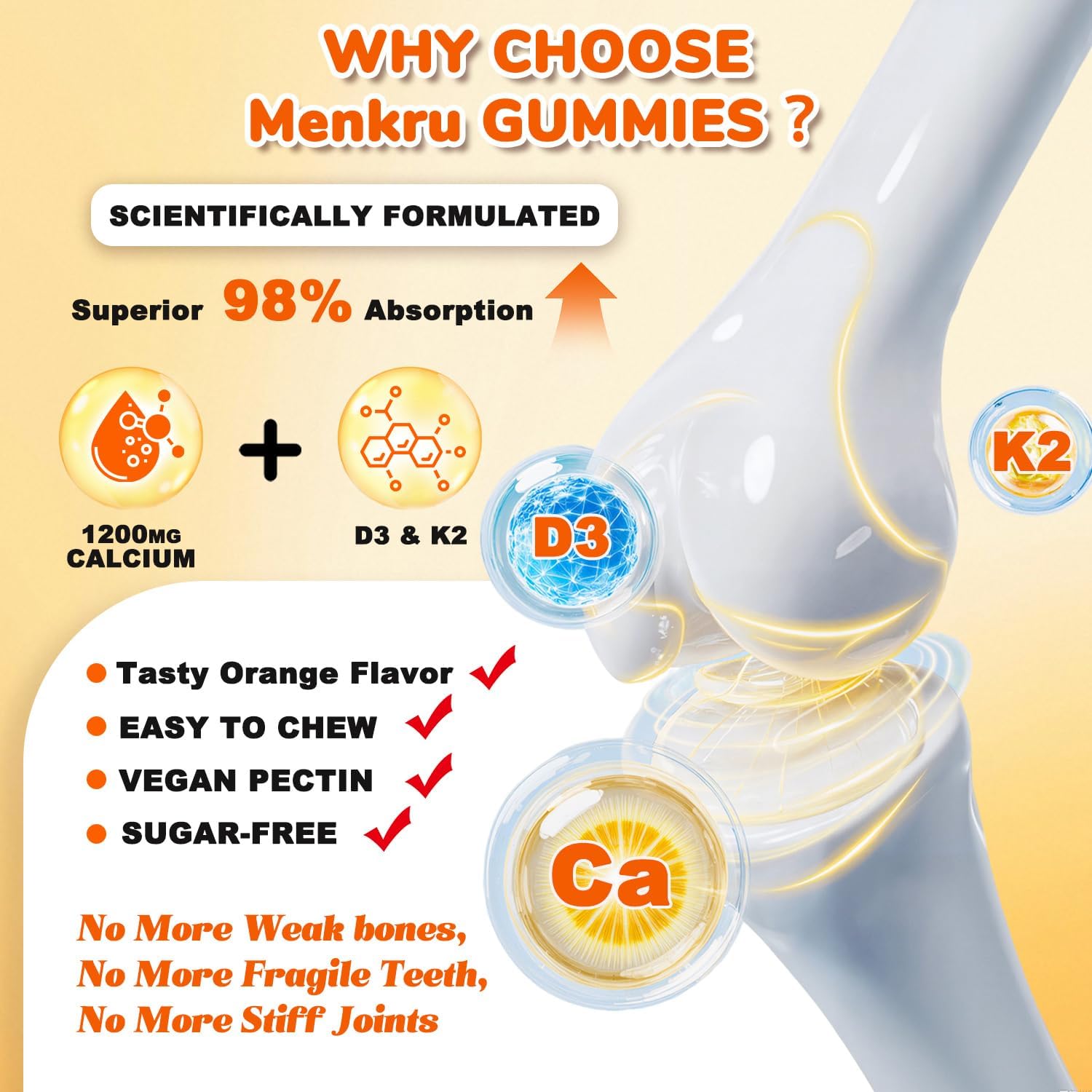 (2 Pack) Calcium Citrate Gummies,Calcium 1200 mg with Vitamin D3 and K2 for Women & Men.Supports Bone Muscle & Teeth - Natural Orange Flavor,120 Gummies- 60 Day Vegan Supply