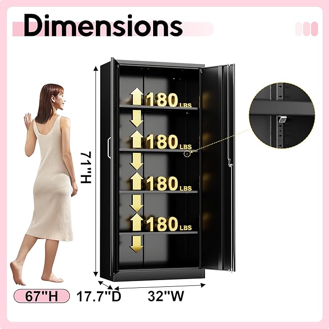 71" Garage Storage Cabinets with Lock, Cabinets with Doors and Shelves, Kitchen Pantry Cabinet, Metal Cabinet for Office, Garage, Shop, School, Assemble Required, Black