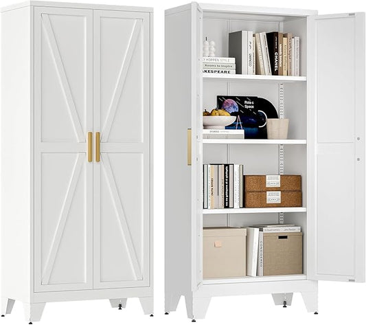 61" Tall Farmhouse Metal Pantry Cabinet, Kitchen Pantry Storage Cabinets with 2 Barn Door and Adjustable Shelves,Metal Pantry Storage Cabinet,for Kitchen,Laundry Room,Home Office,Kids Room (White)