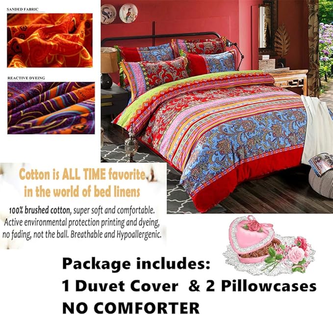 ABREEZE Bohemian Vintage King Size Floral Cotton Bedding Set 3Pcs Duvet Cover Set Boho Green Paisley 100% Egyptian Brushed Cotton Reversible Home Bedding Collection