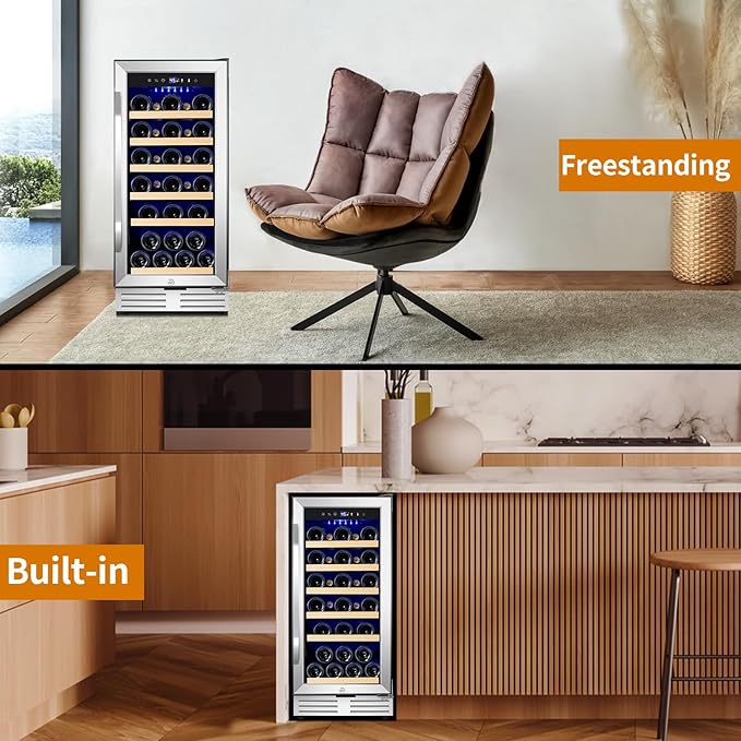 15 Inch Wine Fridge 32 Bottles Wine Cooler Refrigerator Undercounter Wine Fridge with Glass Door, LED Light, Removable Wooden Shelves, Built-in or Freestanding Wine Refrigerator for Home Office Bar
