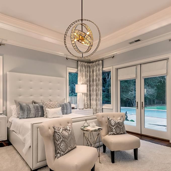 18" Crystal Globe Sputnik Chandelier, 6-Light Black Gold Modern Adjustable Hanging Ceiling Pendant Light Fixture for Entryway Foyer Stairway Bedroom Dining Living Room Hallway