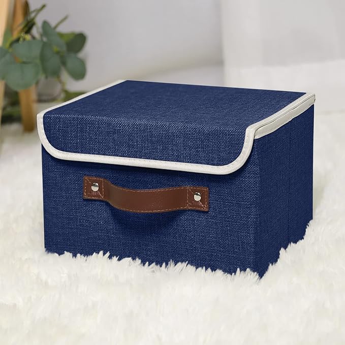ANMINY 4PCS Storage Bins with Lid PU Leather Handles Storage Boxes PP Plastic Board Decorative Foldable Lidded Cotton Linen Fabric Home Cubes Baskets Closet Organizer Containers - Blue, Large Size