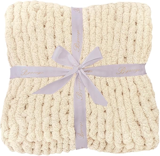 Bigacogo Chunky Knit Throw Blanket for Couch, 60x80 inches, 100% Hand Knitted with Thick Jumbo Chenille Yarn, Cozy Soft Large Rope Knot Cable Crochet Blankets for Sofa Bed Living Room, Beige