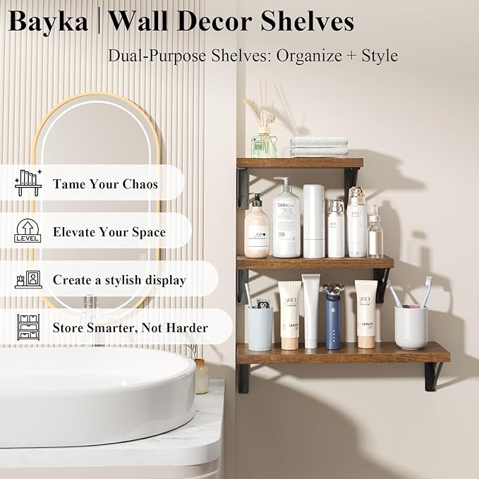 BAYKA Floating Shelves for Wall, Book Shelf for Bedroom, Wall Decor Shelves for Living Room Kitchen, Mounted Wood Floating Shelf for Home Decor, Corner Shelf for Bathroom, Office(Set of 3)