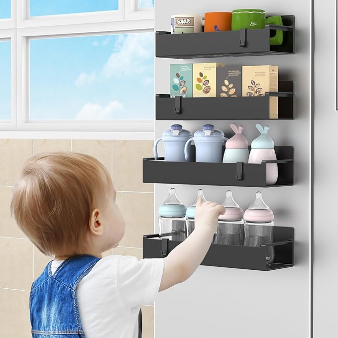 4 Pack Magnetic Spice Rack Organizer for Refrigerator and Oven, Black Fridge Organizers and Storage for Kitchen