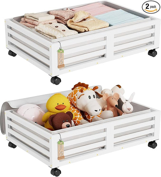 Bamboo Under Bed Storage Containers- Underbed Organizer with Wheels with Large Dust Bag,Sturdy Wood Rolling Under the Bed Shoe Storage Organizer Drawer 2 Packs (White, Small)