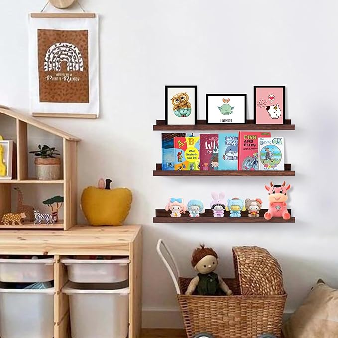 AZSKY Walnut Floating Shelves 24 Inch Picture Ledge Shelf for Wall Photo Shelves with Lip for Pictures Nursery Room Bookshelf Wood Wall Shelves Set of 3 for Bedroom Living Room Bathroom Kitchen