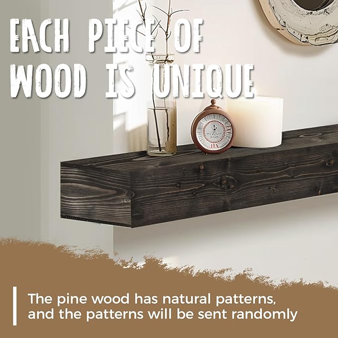 72x8x3 Fireplace Mantel - Handcrafted Hollow Rustic Solid Wood Wall Mounted Floating Shelf with Invisible Heavy Duty Wood Bracket (Weathered Black)