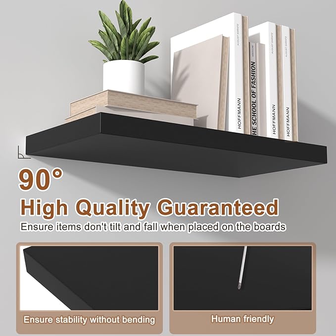 48 Inch Floating Shelf 2 Pack Large Floating Shelves for Wall No Drilling Accessories Included Deep Wall Shelves for Living Room Kitchen Farmhouse 48" W x 12" D x 1.2" Black