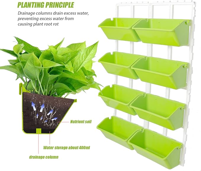 8 Pockets Vertical Planters,Wall Mounted Plastic Plant Grow Pots,Wall Pocket Planters for Indoor,Outdoor,Balcony,Garden Decoration,Light Green