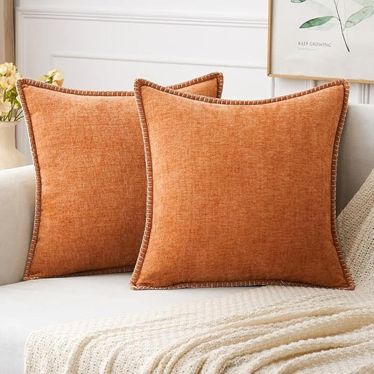 MIULEE Pack of 2 Fall Couch Throw Pillow Covers 20x20 Inch Orange Farmhouse Decorative Pillow Covers with Stitched Edge Soft Chenille Solid Dyed Pillow Covers for Sofa Bed Living Room