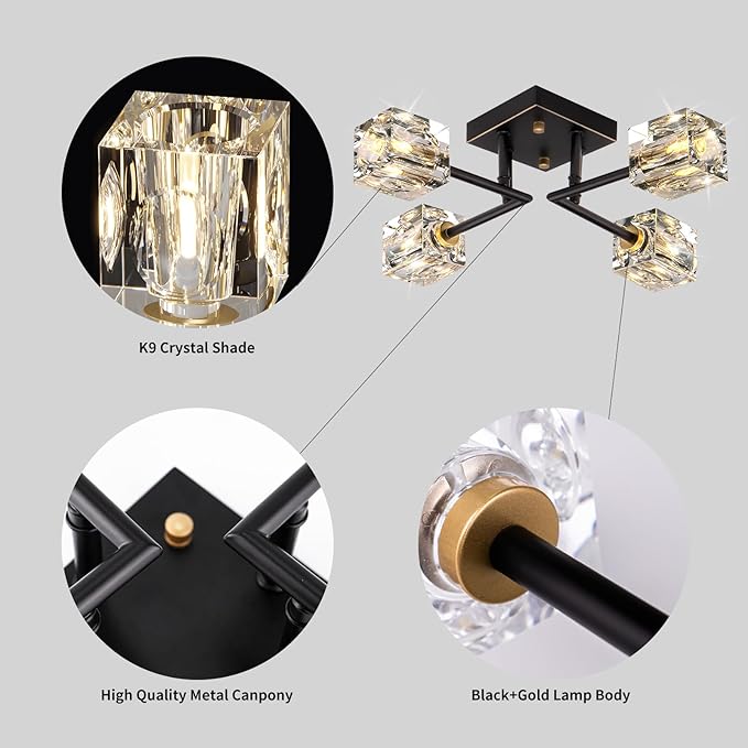 Modern Crystal Ceiling Light,Semi Flush Mount Ceiling Light Fixture with 4-Lights,Black and Gold Sputnik Chandeliers for Bedroom,Dining Room,Farmhouse Kitchen,Office,Entryway Hallway