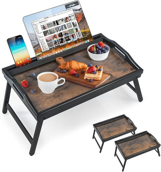 2 Pack Bed Tray Table Breakfast Trays Serving Tray Bamboo Bed Laptap Floding Legs with Handles and Phone Holders
