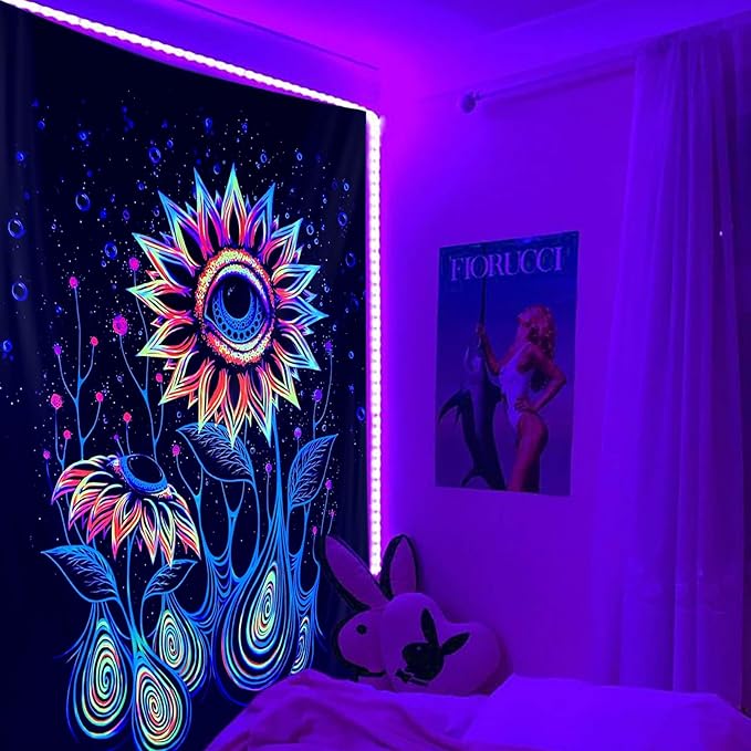 ADDWel Blacklight Sunflower Tapestry, Hippie Eye Tapestry Glow In The Dark, UV Reactive Black Light Upright Posters Wall Hanging for Bedroom Dorm Living Room Backdrop Decor