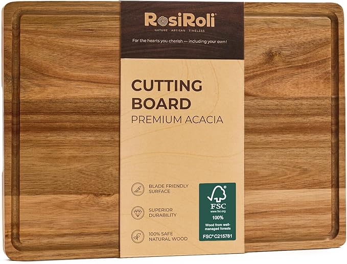 Acacia Wood Cutting Board for Kitchen - 1 inch Thick FSC Certified Wood Charcuterie Cheese Board with Side Handles and Juice Grooves, Wooden Chopping Block for Meat and Veggies, 17x12 inch