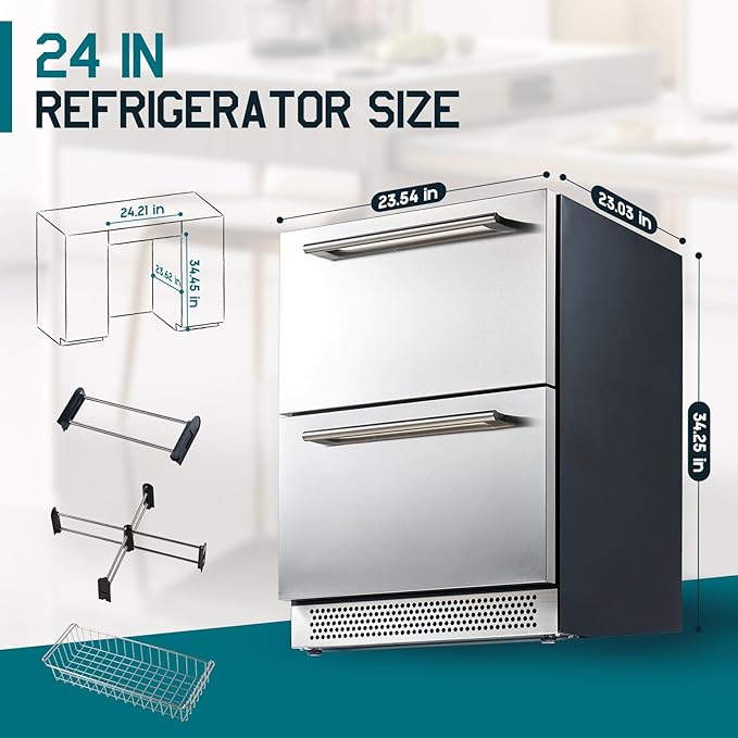 Albott 24 Inch Under Counter Drawer Fridge – Stainless Steel Dual-Zone Beverage Refrigerator with LED Touch Control, Adjustable Storage, Frost-Free, Low Noise, 37℉-50℉, -0.4℉ to 37℉