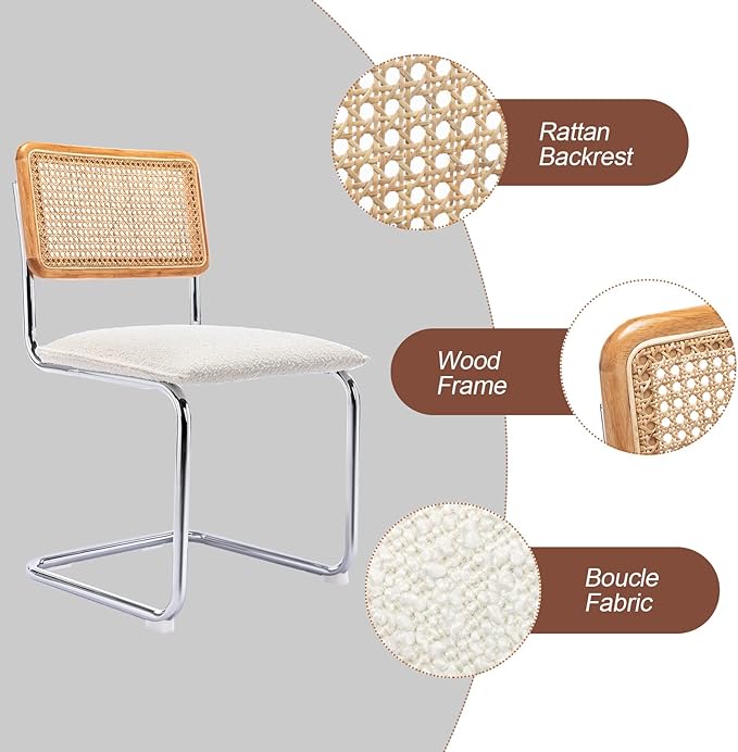 Mid Century Modern Rattan Dining Chairs Set of 4, Boucle Kitchen Chairs with Handwoven Mesh Rattan Backrest and Metal Legs, Upholstered Accent Side Chairs, White