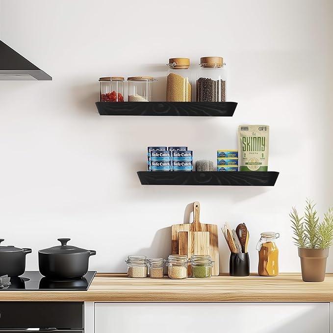 16"x6.8"x1.6" Slanted Floating Wall Shelves 2-Pack - Rustic Black Finish, Heavy-Duty Solid Wood Design with Hidden Brackets - Perfect for Living Room, Kitchen, Bathroom, or Office