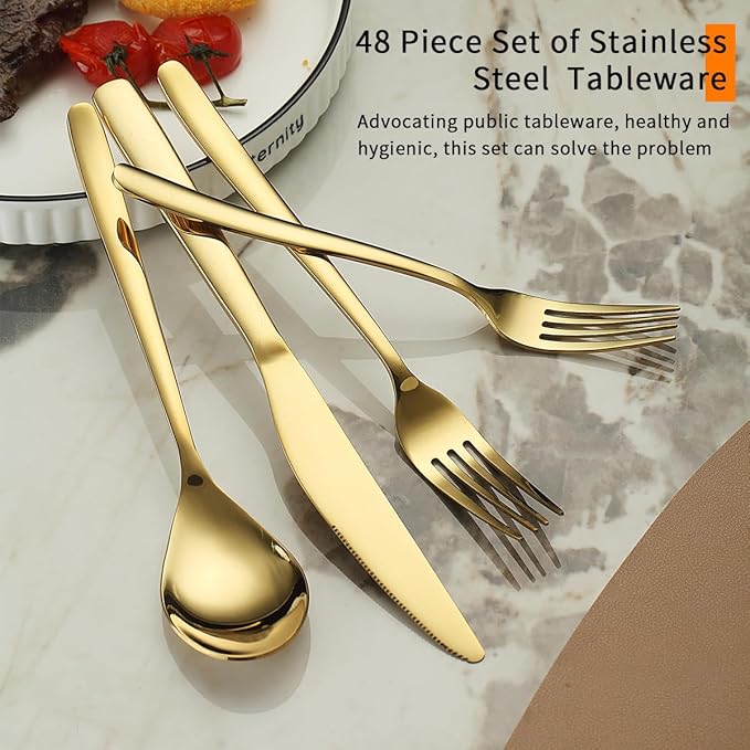 Berglander Gold Silverware Set 48pcs Service for 12, Golden Titanium Plating Stainless Steel Flatware Set, Gold Spoons Forks Knives Set for Home, Wedding, Restaurant, Hotel, Dishwasher Safe