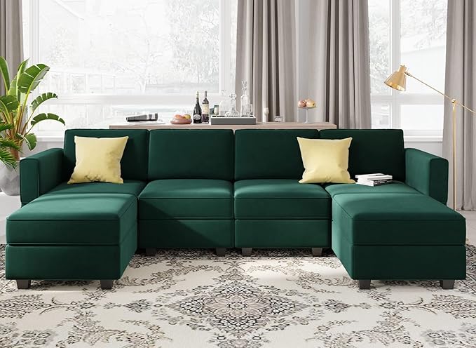 Belffin Modular Sectional Sofa Oversized U Shaped Sectional Couch with Reversible Chaise Velvet Modular U Shape Sofa with Storage Seat Green
