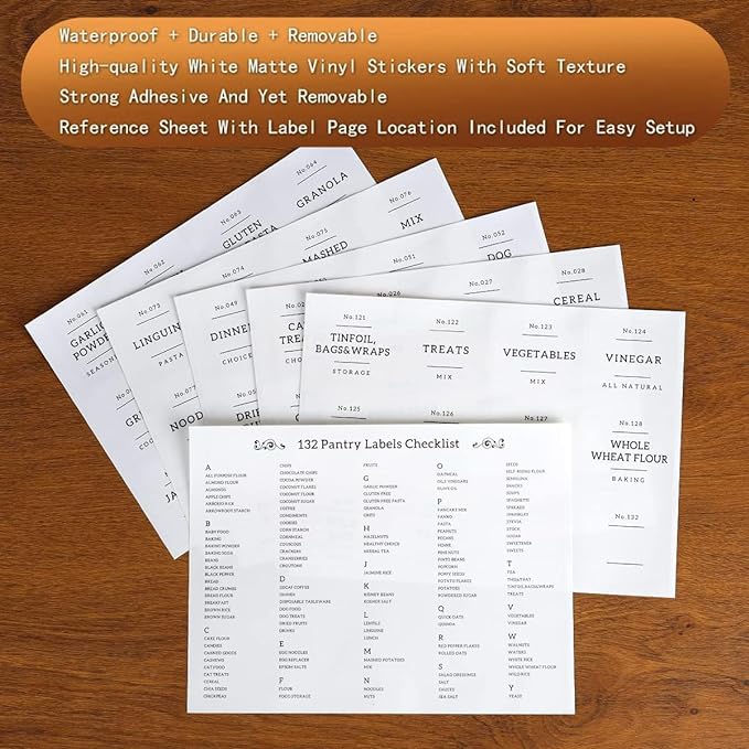 6 Pack Glass Jar with Airtight Bamboo Lid and White 132 Kichen Pantry Labels Preprinted - 28 Oz Clear Round Glass Food Storage Containers set For Tea Coffee Bean Cookie