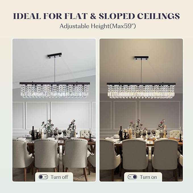 8 Light Modern Crystal Chandelier for Dining Room,Rectangular Rectangle Raindrop Crystal Light Fixture,Height Adjustable for Kitchen Island L40''xW10''xH10''