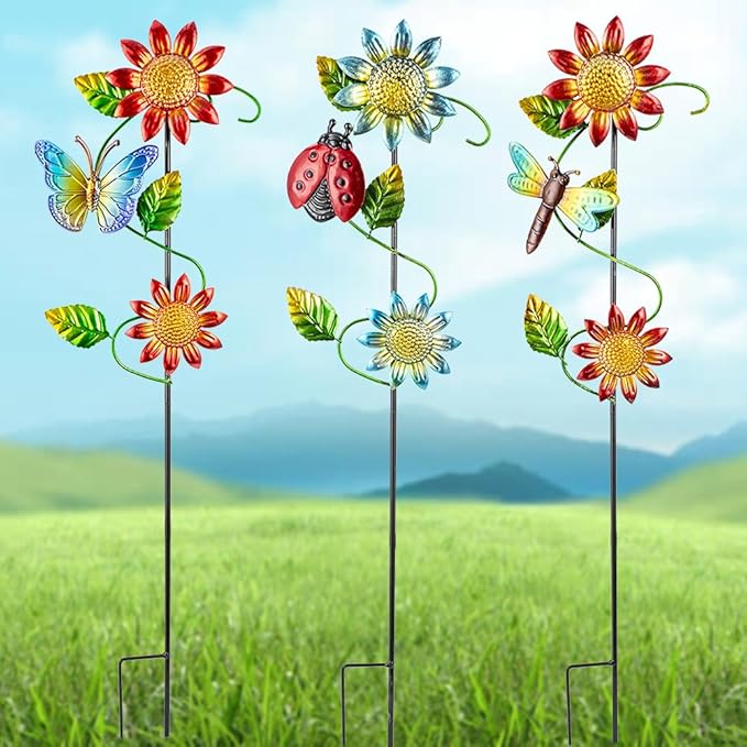 3 Pcs Sunflower＆Butterly＆Ladybug＆Dragonfly Decorative Garden Stakes,23.5 in Metal Sunflower Yard Art for Outside Decor,Spring Outdoor Decor for Mom,Women,Grandma