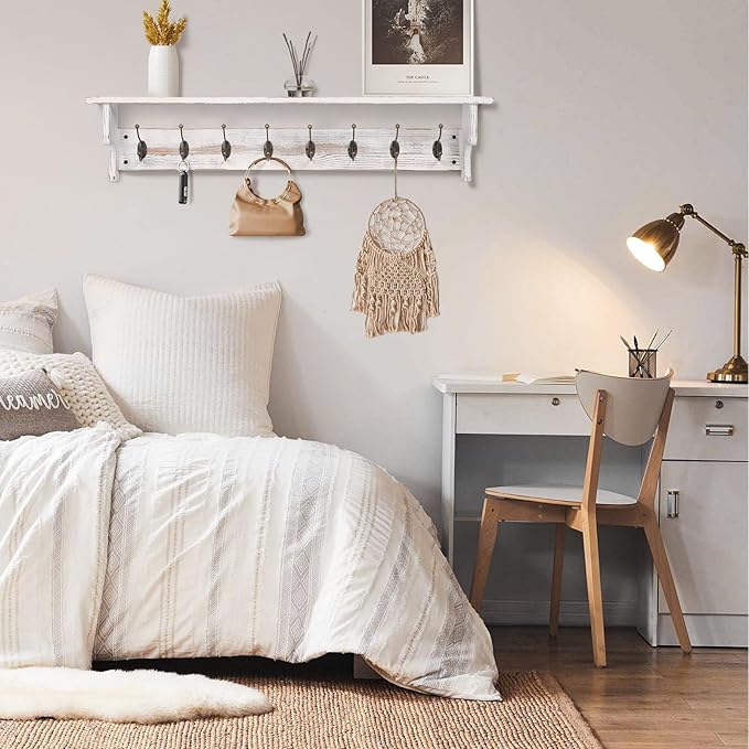 BECHAEO 35.8'' Wood Coat Rack Wall Mount with Shelf, White Wall Coat Rack with Hooks, Farmhouse Rustic Coat Hooks for Entryway Bathroom Hallway Kitchen Bedroom