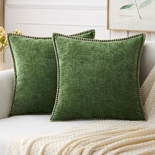 MIULEE Pack of 2 Christmas Pillow Covers 26x26 Inch Moss Green Farmhouse Decorative Throw Pillow Covers with Stitched Edge Soft Chenille Solid Dyed Couch Pillow Covers for Sofa Bed Living Room