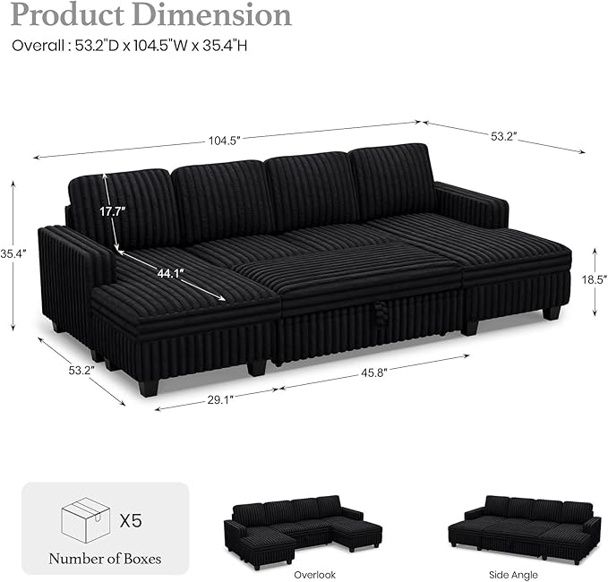 Belffin Modular Sectional Sleeper Sofa with Pull Out Couch Bed Corduroy Double Chaise with Storage Black Couch