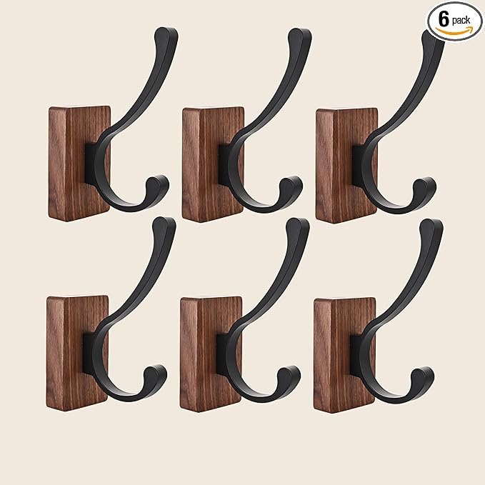 6 Pack Wooden Wall Hooks for Hanging, Adhesive Mounted & Wall Mount Nature Wood Coat Hooks for Towel Clothes Blanket Hat Backpack Robe Nursery Door Board Entryway Key Holder