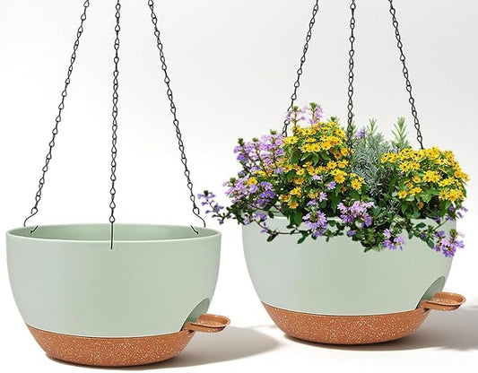 2 Pack 12 Inch Large Hanging Planters with Chains Self Watering Green Brown Plastic Hanging Pots for Indoor Outdoor Plants, Garden Porch Home Decor，Green Brown