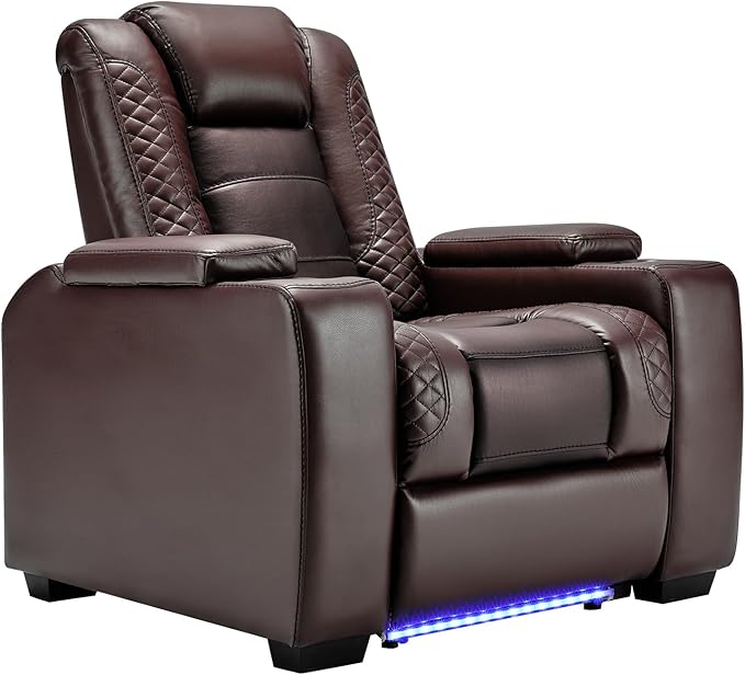 ANJ Power Home Theater Seating, PU Leather Electric Recliner Chair with Powered Headrest, Dual Motors Movie Reclining Chairs with LED Lights,USB Port, Cup Holders, Hidden Arm Storage (Brown)