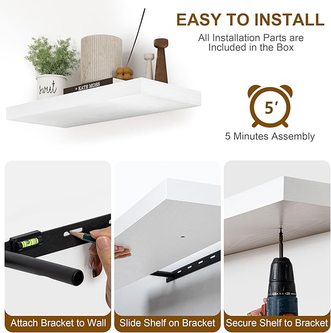 8 Inch Deep Floating Shelves White, Rustic Wood Floating Shelf for Home Decor, 8 x 8 Inch Square Wall Shelves, Wooden Storage & Display Shelves for Kitchen, Bathroom, Living Room, Set of 2