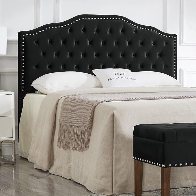 24KF Upholstered Button Tufted Queen Size Full Size Headboard with Nailhead Trim, Soft Velvet Fabric Headboard Queen/Full Size Headboad-Black