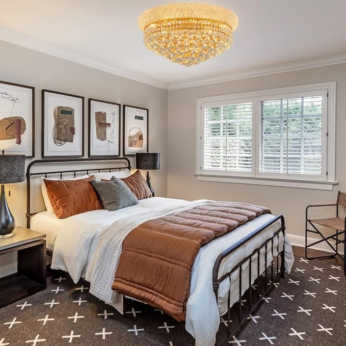 9-Light Crystal Flush Mount Chandelier Ceiling Light Fixture for Living Room Dining Room Bedroom Foyer Entryway Hallway Closet Bathroom (Gold D22)