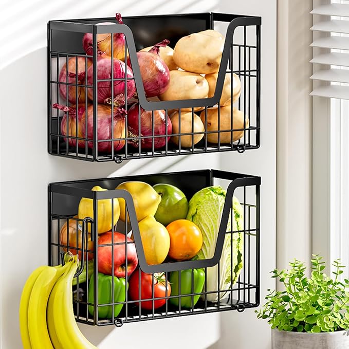 2 Set Magnetic Shelf for Fridge, Potato & Onion Storage Bins, Magnetic Fruit Basket for Refrigerator Pantry Kitchen Counter Laundry, Magnetic Fridge Organizer Spice Snacks Magnet Fridge Shelf