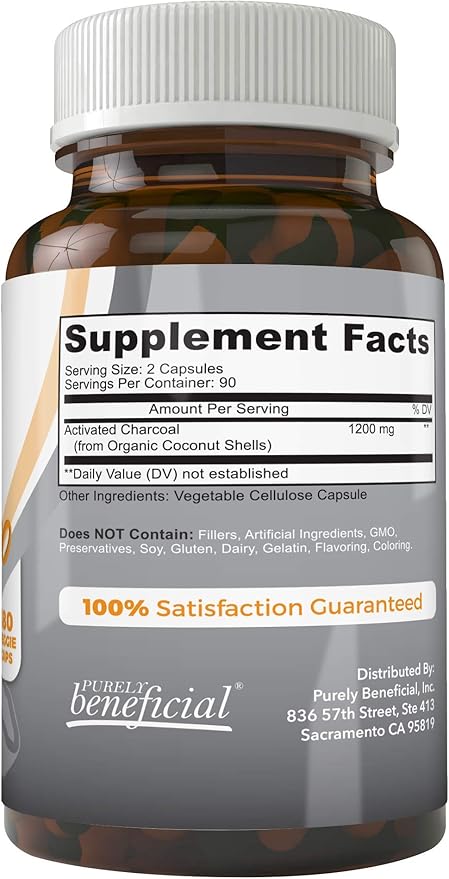 Activated Coconut Charcoal 1200mg, 180 Capsules - Pills for Digestive System, Bloating, Vegan (1bottle)